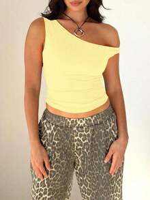 Blusa de verano de color liso, de hombro oblicuo y manga corta para mujer - Amarillo claro - Ver 2