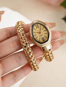 1 chiếc đồng hồ đeo tay nữ thanh lịch, thiết kế dây đeo khoét rỗng, vòng tay hình đầu rắn, đồng hồ thời trang công sở sang trọng cổ điển, phù hợp để đeo hàng ngày, quà tặng cho người yêu vào các dịp lễ và kỷ niệm. - Vàng - Xem 1
