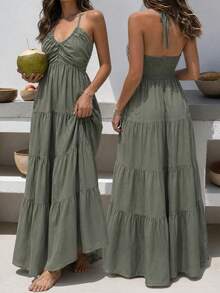 Vestido largo verde casual de mujer con cuello halter, vestido fluido sin mangas con volantes para uso diario y salidas elegantes de verano - Verde - Ver 5