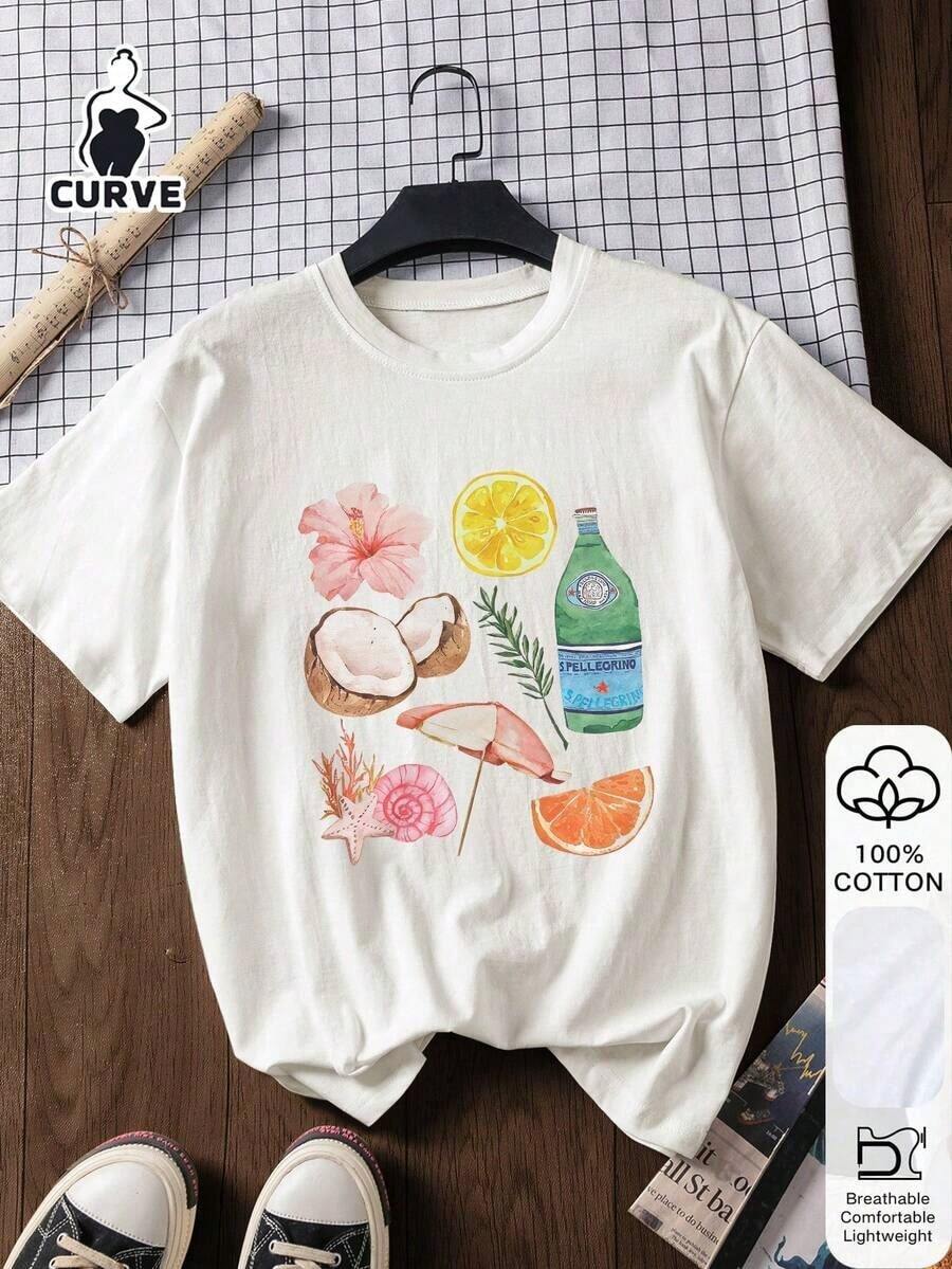 Camiseta casual de talla grande para mujer con estampado de palmeras de coco, 100% algodón, manga corta, camiseta gráfica, tejido suave, ropa de algodón, ropa para exteriores, estampado, camiseta de verano, top de verano, conjunto para vacaciones, ropa de viaje, estilo playero, blanca, ropa de mujer - Blanco - Ver 1