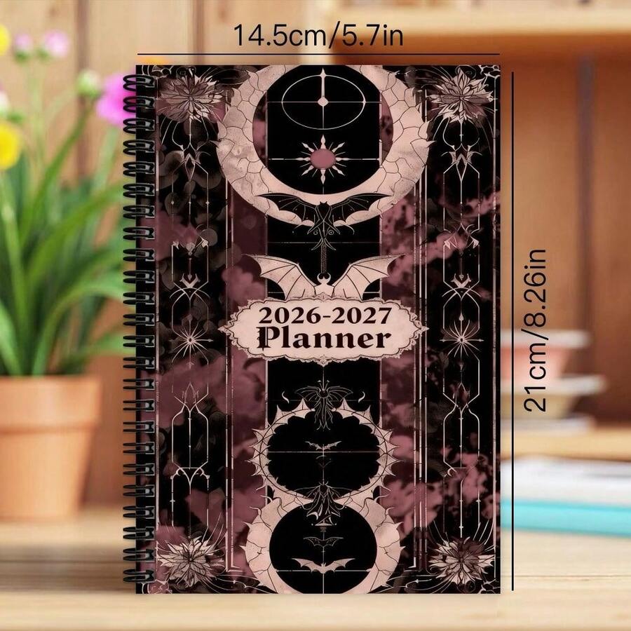 1 Pieza Planificador semanal tamaño A5 2026-2027 (Portada con murciélagos góticos y flores) - Incluye lista de tareas y secciones de planificación, cuaderno de diario minimalista adecuado para la planificación familiar/de mamá, planificador semanal con espiral