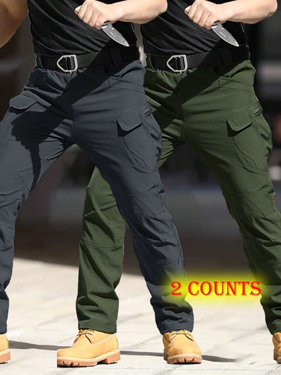 (2 PCS) Waterproof Tactical Pants With 9 Deep Double Pockets, Small Front Pockets - Army Green - View 1
