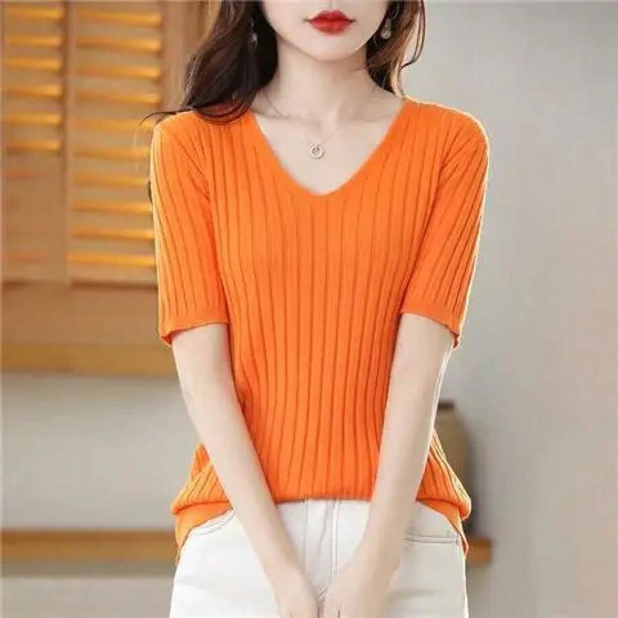 2025 nueva primavera novedad de verano mujer cuello en V de manga corta exquisito suéter de punto de Cachemira pulóver Color sólido - Naranja - Ver 1