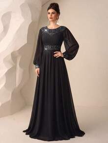 UNITHORSE Round Neck Lantern Sleeve Waist Cinched Sequin Patchwork Chiffon Evening Gown - Black - View 1