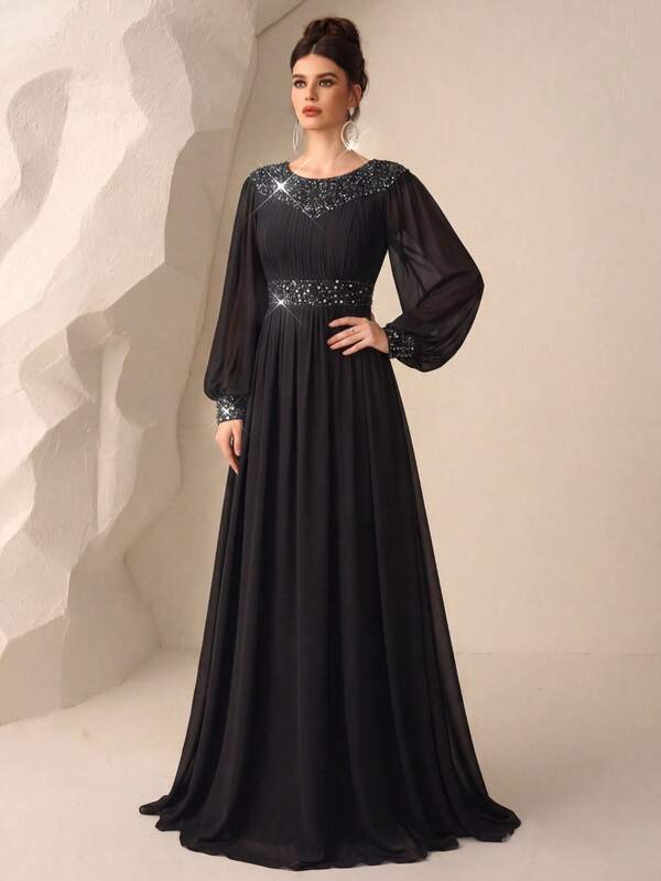  UNITHORSE Round Neck Lantern Sleeve Waist Cinched Sequin Patchwork Chiffon Evening Gown