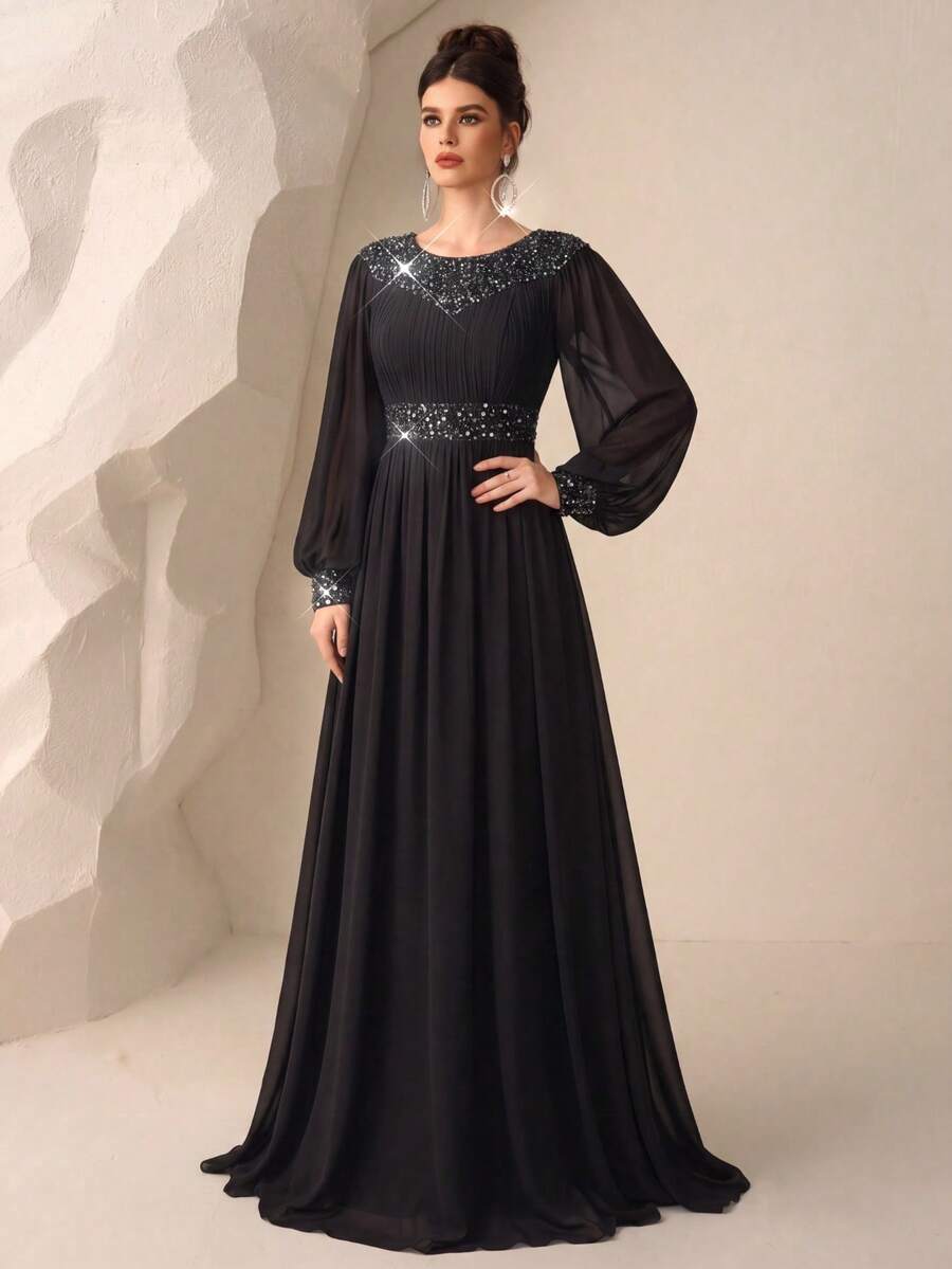 UNITHORSE Round Neck Lantern Sleeve Waist Cinched Sequin Patchwork Chiffon Evening Gown - Black - View 1