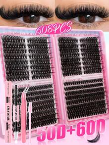 608/560片濃密睫毛簇，10-16mm開眼睫毛，防水可重複使用DIY套組含膠水、鑷子與刷子，適合居家使用於Cosplay、約會、派對、節慶及送禮 - 彩色 - 查看 3