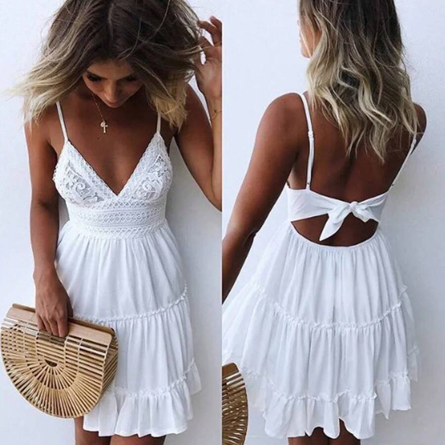 Vestido Sexy de Color liso para mujer, traje elegante con tirantes de encaje, empalme, ropa de playa, Verano - BLANCO - Ver 1