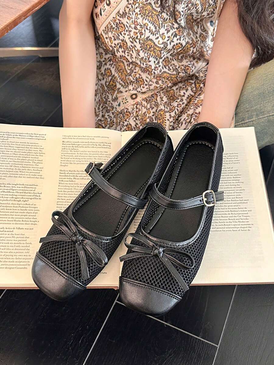 女士玛丽珍鞋,编织镂空透气绑带蝴蝶结休闲鞋,百搭夏季鞋履 - 黑色 - 查看 1