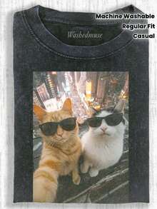 1pcsCute Cat Funny Graphic Graphic T-ShirtMen's Cotton T-Shirt, 230G Washed Short-Sleeve Suitable For Halloween, Christmas And Spring Festival Gifts - 黑色 33 - 查看 13