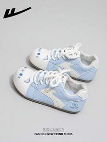 WARRIOR Women's Thick Sole Lace-Up Soft Bottom Casual Sneakers, Low-Top Flat Outdoor Shoes, Summer Commuter Shoes, Round Toe Elegant Soft Sole For Outings, Hiking, Students, Graduation Photos, Microfiber Skate Shoes - Blue - View 4