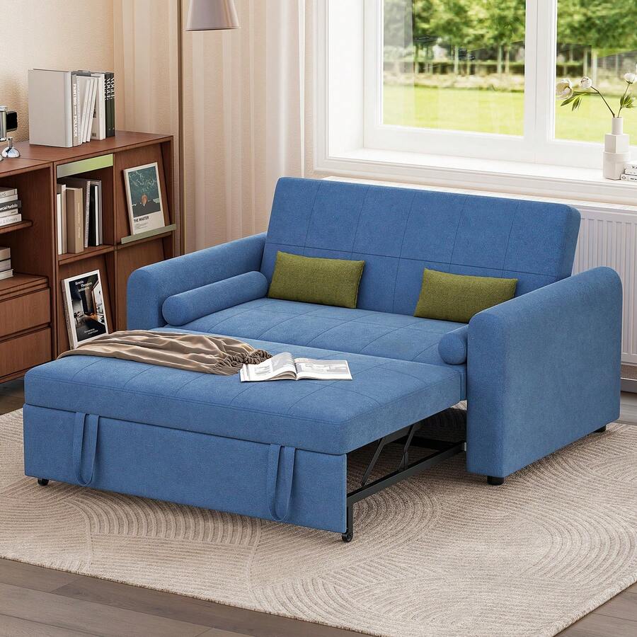 Jooli H 2 Seater Sofa Bed, 3-In-1 Convertible Velvet Pull Out Sleeper Sofa With 3-Position Adjustable Backrest, Side Pockets For Living Room, Guest Room, Blue