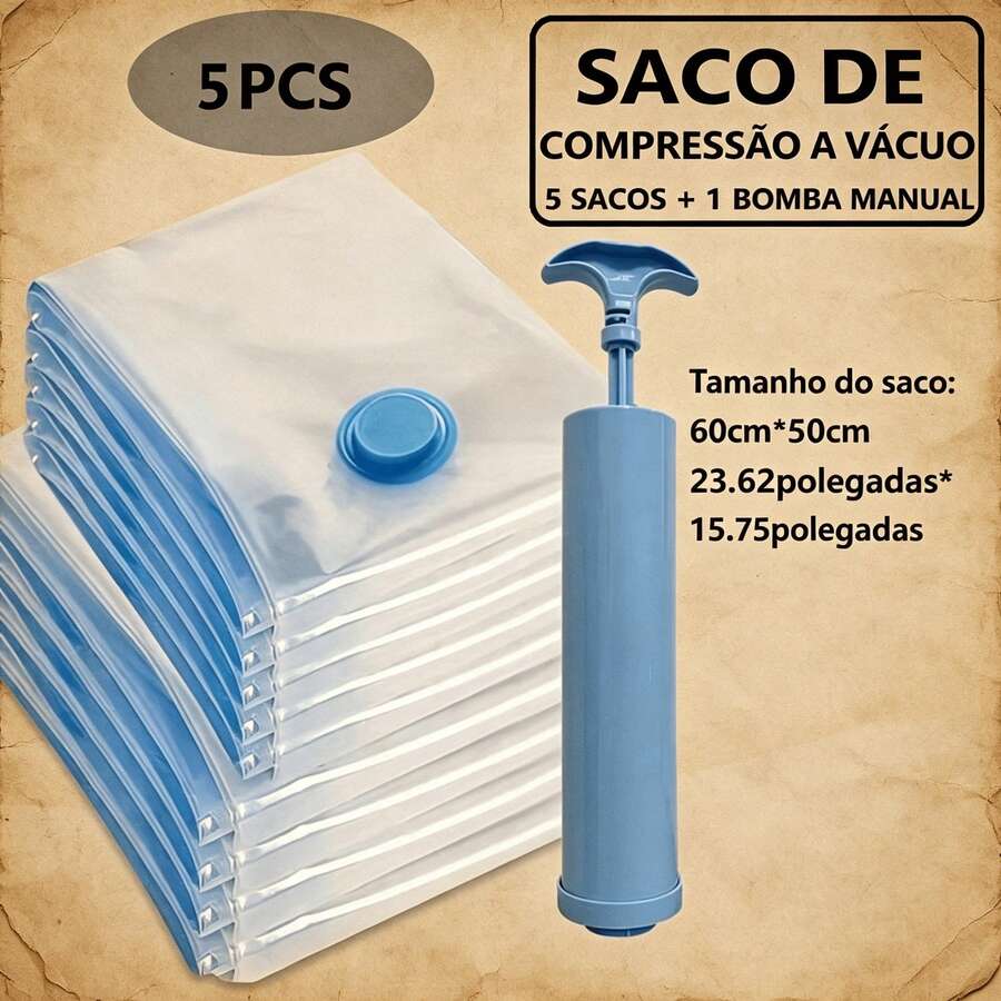 Vacuum Storage Bag Kit, 5 Pieces, 50x60cm, With Manual Pump, Compact, Airtight, For Home Organization In Bedrooms And Wardrobes. - Xem 1