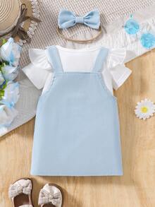 Baby Girls' Cap Sleeve Bodysuit + Bow Decor Embroidered Pinafore Dress & Hairband Set - Dusty Blue - View 7