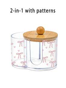 Caja de almacenamiento de plástico transparente con tapa de bambú con patrón de lazo rosa 2 en 1, organizador de cosméticos de escritorio con doble orificio redondo, organizador de maquillaje de doble compartimento transparente - Multicolor - Ver 8