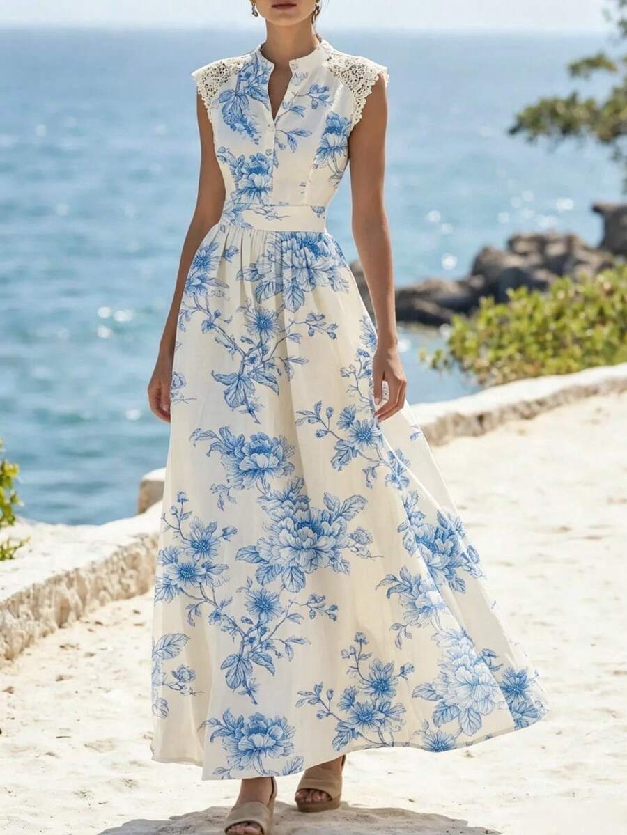 女款V領花卉印花休閒度假約會洋裝,優雅夏季款 - 天藍色 - 查看 1