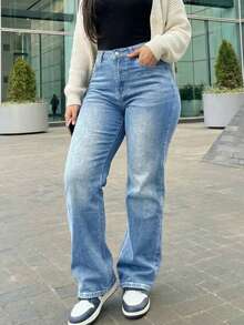 Jeans rectos de mujer con botones y bolsillos, versátiles para uso diario - Lavado ligero 3 - Ver 9