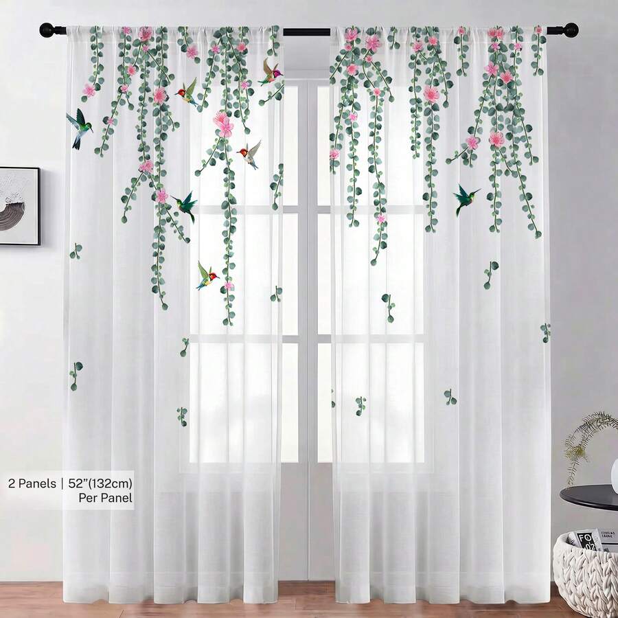 NOSBEI 2pcs/1pc Eucalyptus Hummingbird Sheer Curtains, Rod Pocket Voile Drapes For Living Room Bedroom, 52 Inches Wide * 84 Inches Long - Multicolor - View 1