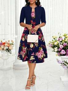 aLady Conjunto de 2 piezas de verano con top corto de unicolor elegante y vestido con estampado floral para mujer - Azul marino - Ver 4