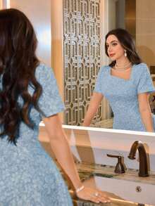 Vestido corto de jacquard lila para mujer, cuello asimétrico y manga corta abullonada, elegante para salidas y citas - Azul - Ver 5