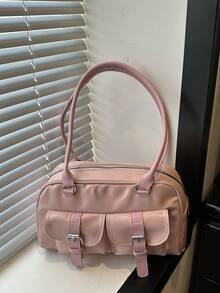 1pc Minimalist Retro Zipper Decor Dual Handle Women Daily Casual Commute Handbag - Watermelon Pink - View 5