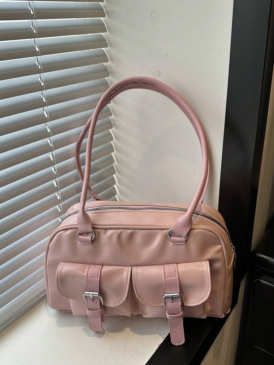 1pc Minimalist Retro Zipper Decor Dual Handle Women Daily Casual Commute Handbag - Watermelon Pink - View 1