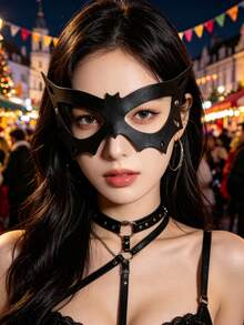 女士剑龙猫面具，女士化妆舞会面具，兔子面具，猫脸面具，适合夜店鸡尾酒会角色扮演，其他自然主题派对PU皮革胸背带，四季皆宜 - 黑色EM-213 - 查看 6