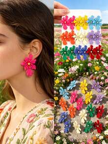 6 Pairs Bohemian Floral Metal Fashion Stud Earrings Set, Perfect Gifts For Ladies & Girls, Suitable For Daily, Party, Outing - Multicolor - View 2