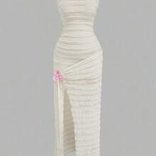 Sweetro Floral Textured Lace Trim Bodycon Slit Hem Cami Dress, Sweet & Vacation Style - Negro - Ver 2