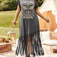 LUNE Plus Size Women Western Style Festival Casual Vacation Music Festival Placement Floral Print Fringe Hem Long Sleeve Dress, Spring/Summer - Gris - Ver 1