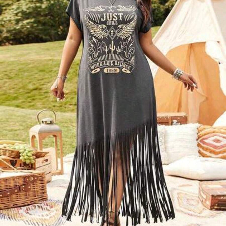 LUNE Plus Size Women Western Style Festival Casual Vacation Music Festival Placement Floral Print Fringe Hem Long Sleeve Dress, Spring/Summer - Gris - Ver 1