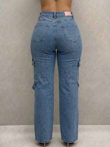 Pantalón Cargo De Mezclilla Stretch Para Mujer Wide Leg - Azul lavado medio - Ver 5