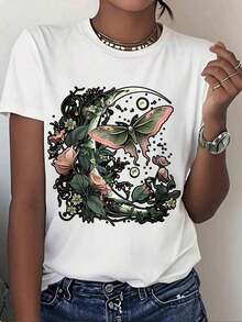 Women's Blouses, Women's T-Shirt With Butterfly, Moon And Flower Design, Boho Style, Perfect Casual Wear For Summer Nights And Nature Lovers, Artistic Print Top, Suitable For Spring, Summer And Autumn. - 白色 - 查看 7