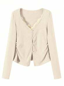 2025 New Sexy Lace 2 In 1 V-Neck Long Sleeve T-Shirt, Pleated Waist Slim Fit Undershirt Top For Women - Apricot - View 4