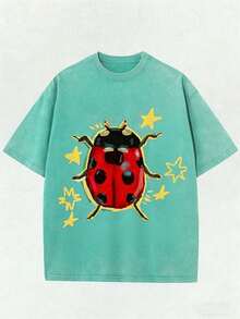Washed Unisex Tee, Star & Ladybug Print, Vintage Distressed Style, Premium Fabric, Summer Graphic Top, Ideal For Daily Wear & Holiday Gifts - 草綠色 - 查看 10