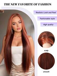 30 Inch Ombre Ginger Red 13x4 Lace Front Wig For Women Long Straight Synthetic Hair Wig Pre Plucked Natural Hairline Heat Resistant Glueless Hair Wig For Daily Party Cosplay Natural Looking Lightweight Breathable Realistic Hairline Easy Install - 挑染紅色 - 查看 8