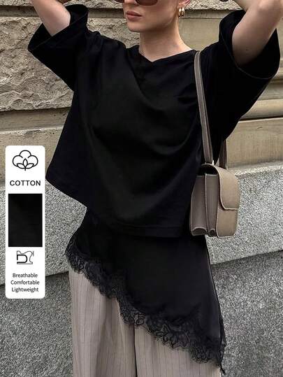 PoPoHouse Women's Elegant Cotton Lace Hem T-Shirt Casual Oversized Flowy Top For Summer Vacation Streetwear Commute Going Out Outfit
