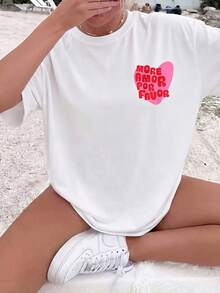Women's Vintage "More Amor Por Favor" Checkered Heart T-Shirt, Loose Fit, Summer Beach Holiday Style, Double-Sided Print Aesthetic, Short Sleeve. - White - View 2
