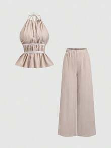 Conjunto de dos piezas para mujer estilo francés elegante color café, top halter de escote alto con tirantes finos, cintura fruncida y dobladillo peplum, combinado con pantalones anchos holgados de cintura elástica, tejido texturizado fresco y cómodo, ideal para uso diario, brunch, citas, salidas casuales, vacaciones y looks sofisticados de primavera y verano - Caqui - Ver 12