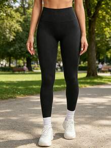 Seamless Ribbed Fitness Leggings, Slimming Form-Fitting Gym Tights, Multi-Scene Training Activewear Sports - Black - View 5