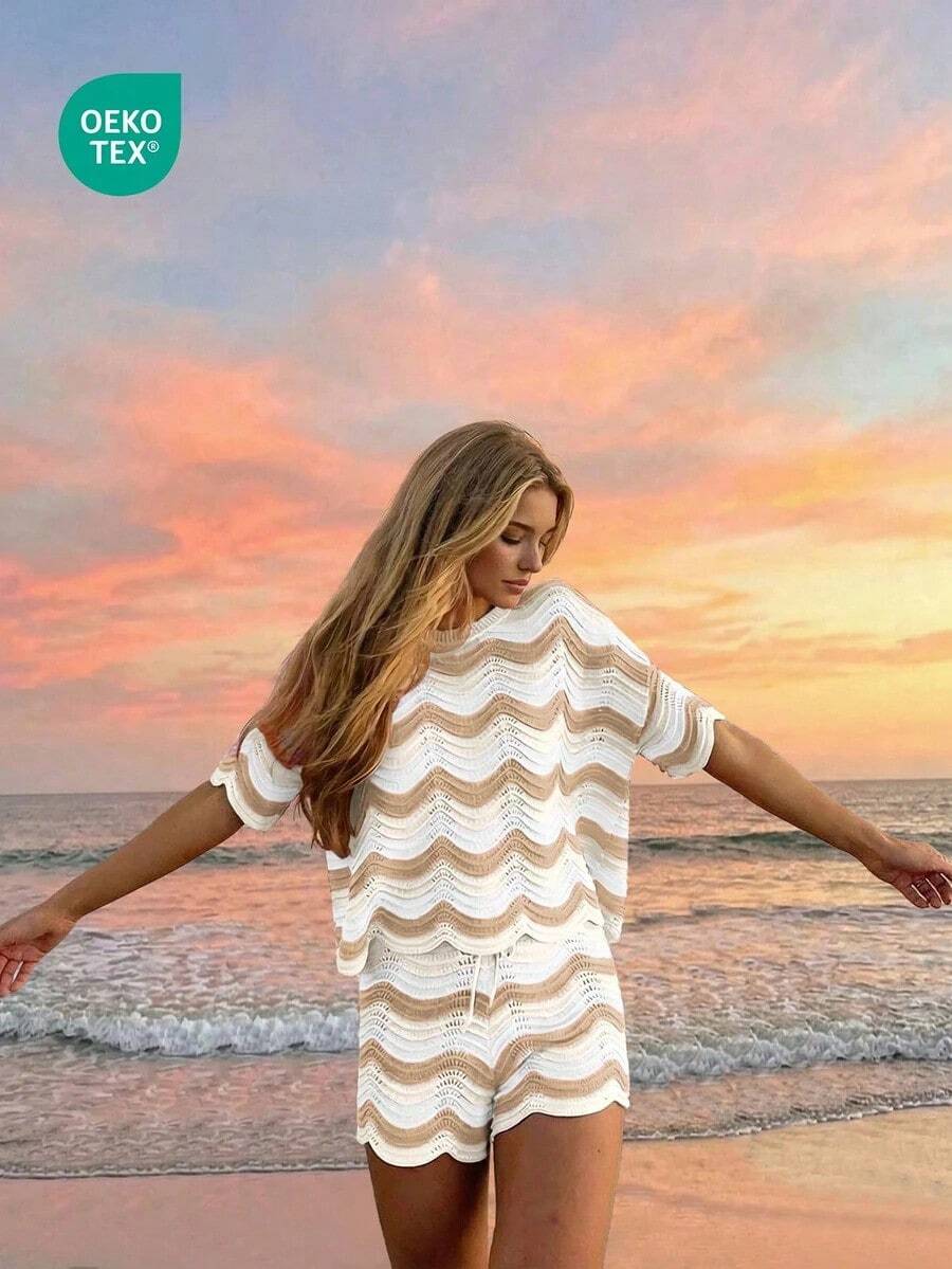 Conjunto de 2 piezas de top de manga corta con tejido de ganchillo hueco y shorts casuales, estilo europeo y americano de moda para mujer en primavera y verano para vacaciones en la playa - Multicolor 4 - Ver 1