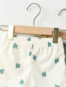 4pcs/Set Baby Boy Summer New Cactus Print & Solid Waffle Polo Collar Half-Open Shirt And Shorts Casual Fashion Outfit - Green - View 6