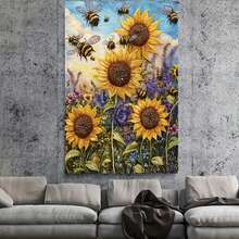 Enmarcado [2D Plano] 1 pieza de lienzo decorativo de girasoles y abejas con marco de pino - 11.8 x 15.7 pulgadas. Pintura moderna de estilo rústico, vibrantes girasoles amarillos y abejas en el cielo. Decoración duradera con marco para sala de estar, cocina, oficina o dormitorio. Decoración del hogar con temática de naturaleza. - Enmarcado - Ver 3
