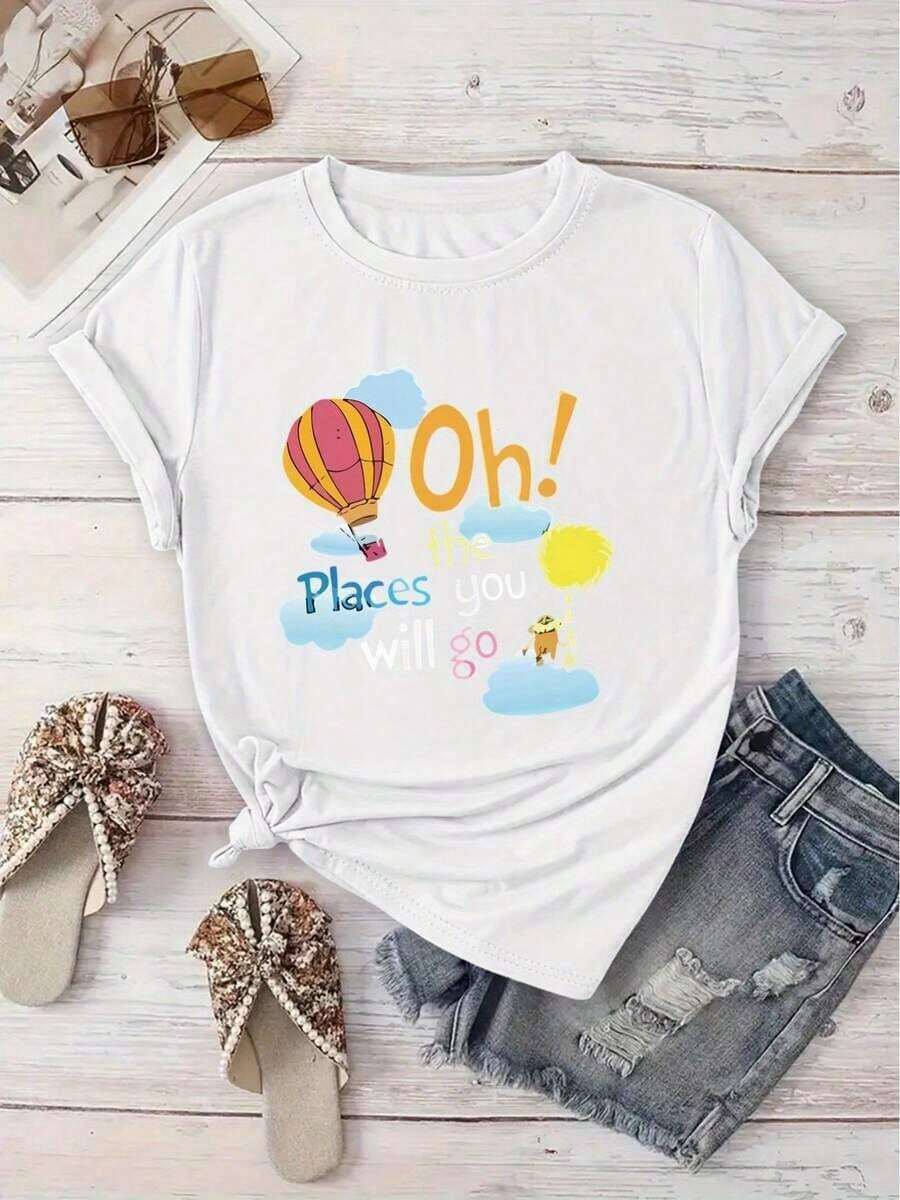 Women's Clothing Short-Sleeved T-Shirt With Round Neck, Creative Monogram Print, Women's Casual, For Vacation, Spring And Summer, Machine Washable, New Women's Clothing, Versatile For Going Out, Women's Shirts - 白色 - 查看 1