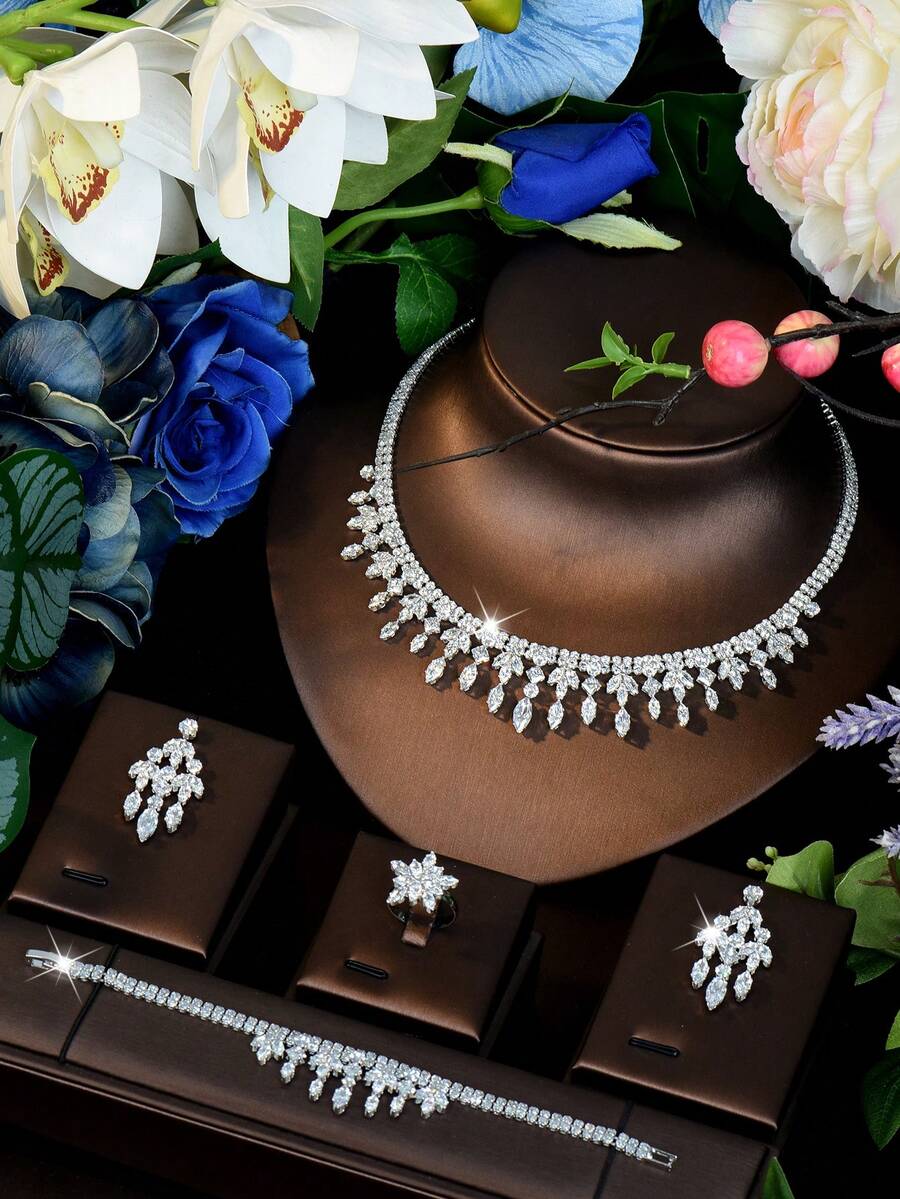 1 Set de joyería con flecos de tono plateado y circonita cúbica, accesorios brillantes para fiestas festivas y noches de chicas - Plateado - Ver 1