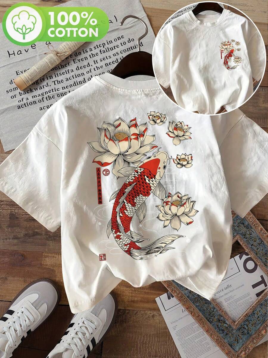 | Exquisite Design | Loose And Comfortable | Easy To Match | [Double-Sided Print] Fashionable Women's Top, Women's Summer Clothing, Chinese Style, Koi Fish And Lotus Flower Print, Pure Cotton Short-Sleeved Round Neck T-Shirt [LangK] - 白色 - 查看 1