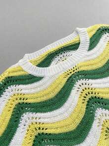 Conjunto de dos piezas de top de manga corta con tejido de ganchillo hueco y shorts casuales, estilo europeo y americano de moda para mujer en primavera y verano para vacaciones en la playa - Multicolor 8 - Ver 7