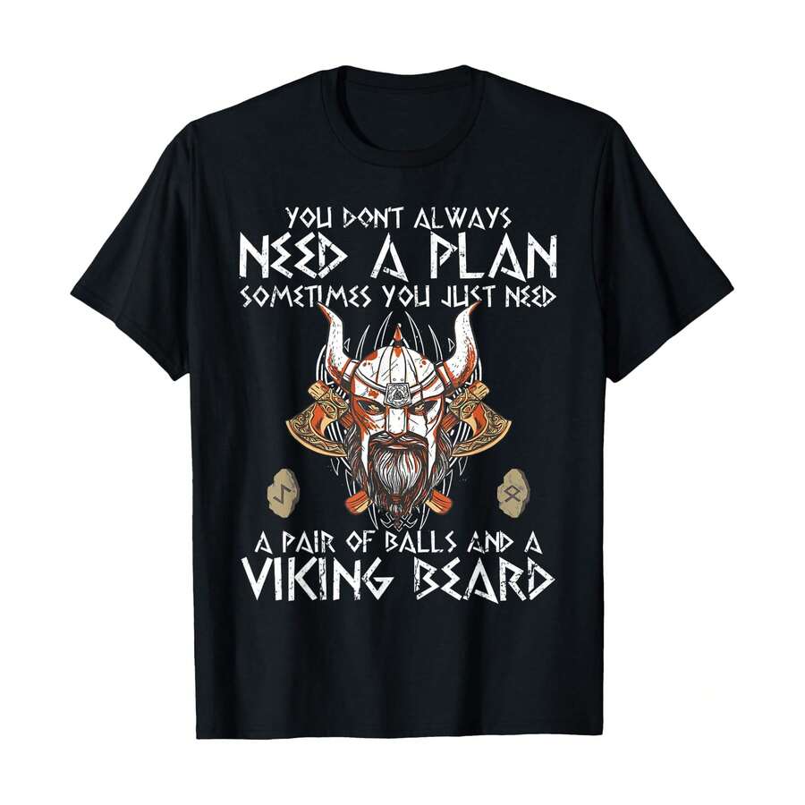 Funny Nordic Warrior Viking Beard Men's Viking Axes T-Shirt, Women's 100% Cotton Crew Neck Short Sleeve Tee, Lightweight Soft Breathable Casual Summer Top For Daily & Holiday - 黑色 - 查看 1