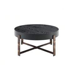 Round Coffee Table (68 Cm In Diameter) In A Retro Industrial Style. Black MDF Top With A Wood Pattern, Antique Bronze Cross Base, Ideal For A Wabi-Sabi/Industrial Style. - Black - View 9