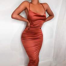 Vestido midi largo de satén neón con cordones para mujer, rosa claro, ceñido al cuerpo, sin espalda, elegante, sexy, para fiesta, ropa de club, conjunto de verano 2022 para cena. - nz7018-naranja - Ver 6